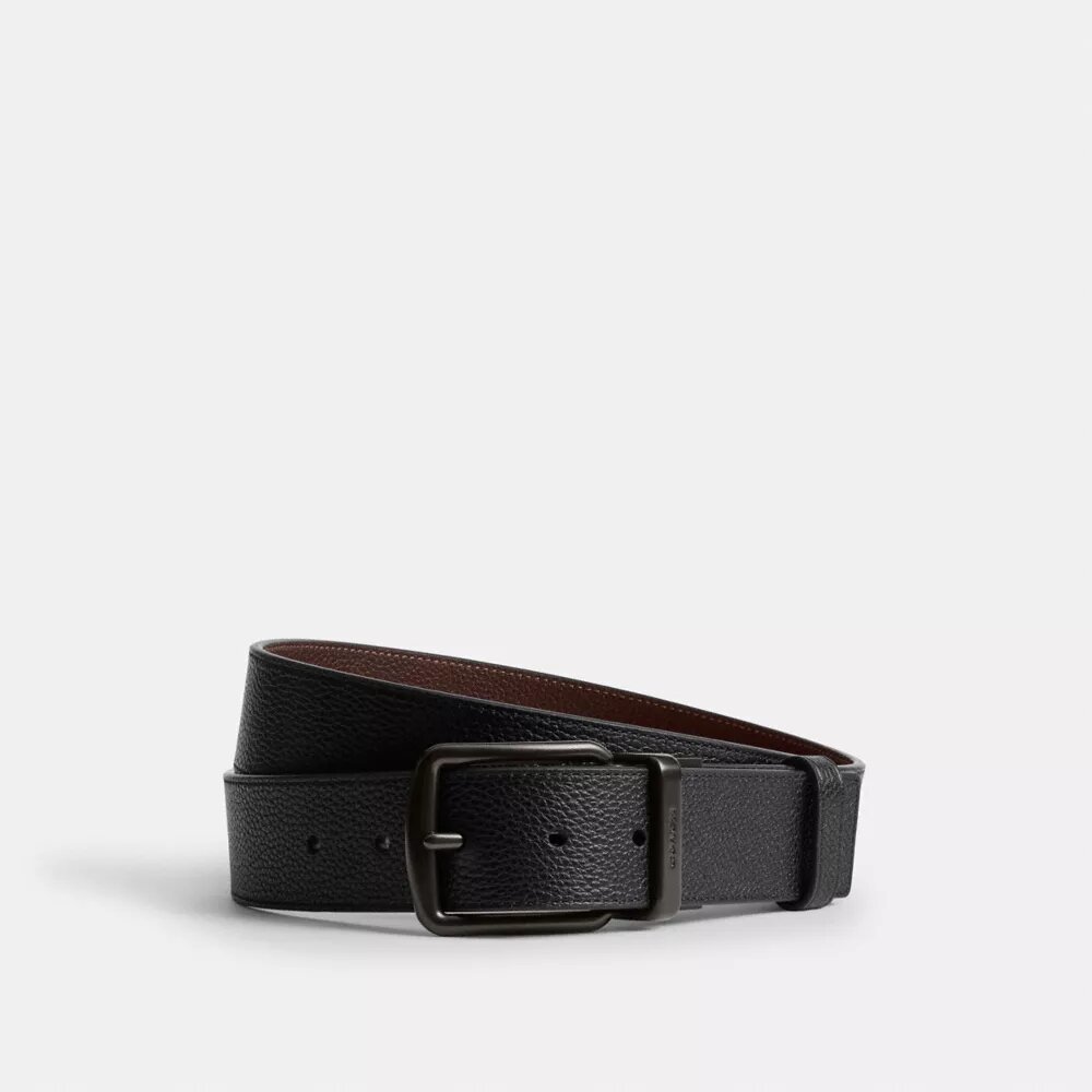 Belt i eske med plakett og selespenne, kan kuttes til ønsket lengde og er vendbart, 38 mm
