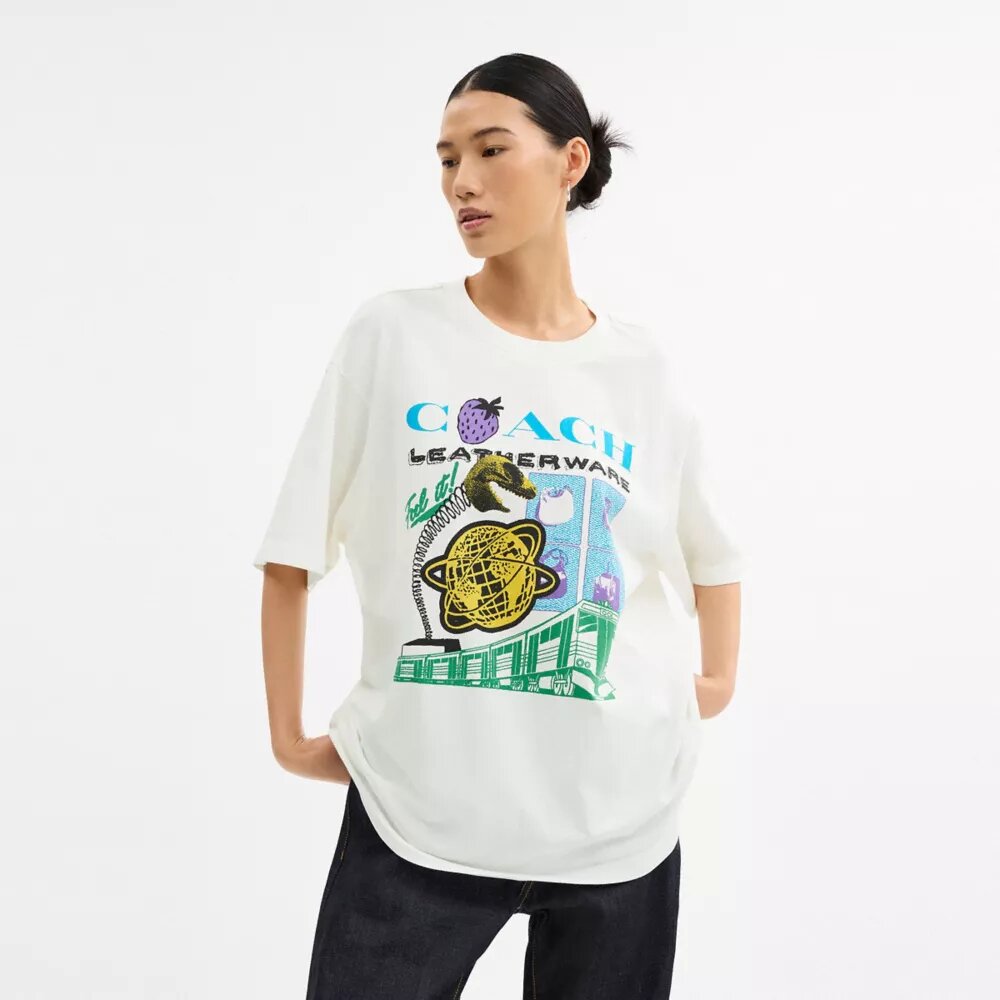Collage Train T-shirt med avslappet passform i økologisk bomull