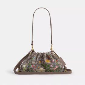 Faye-skulderveske i signatur-jacquard med blomsterbroderi