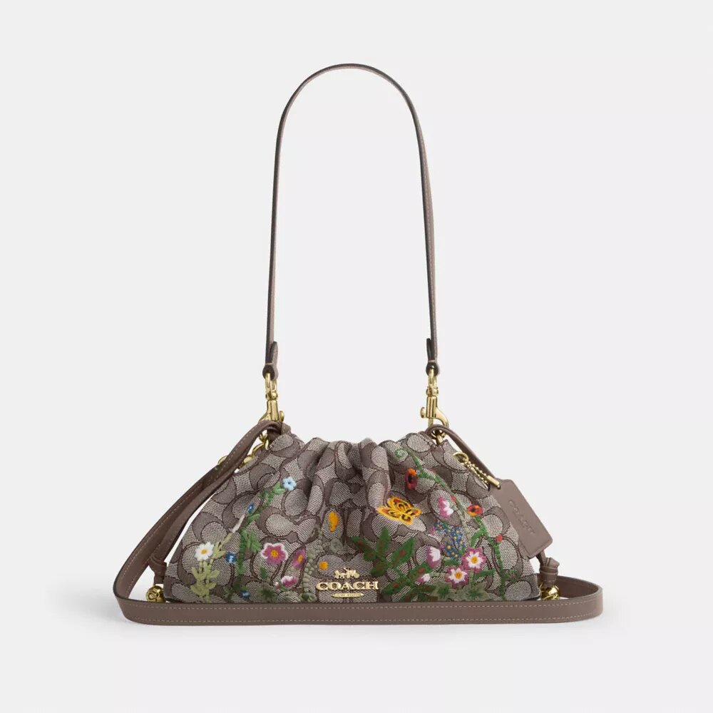 Faye-skulderveske i signatur-jacquard med blomsterbroderi