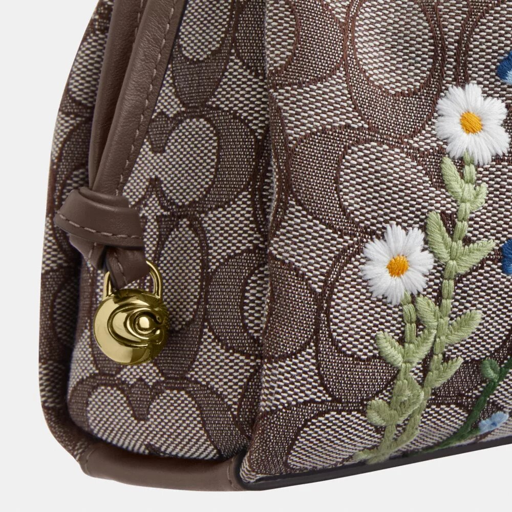 Faye-skulderveske i signatur-jacquard med blomsterbroderi