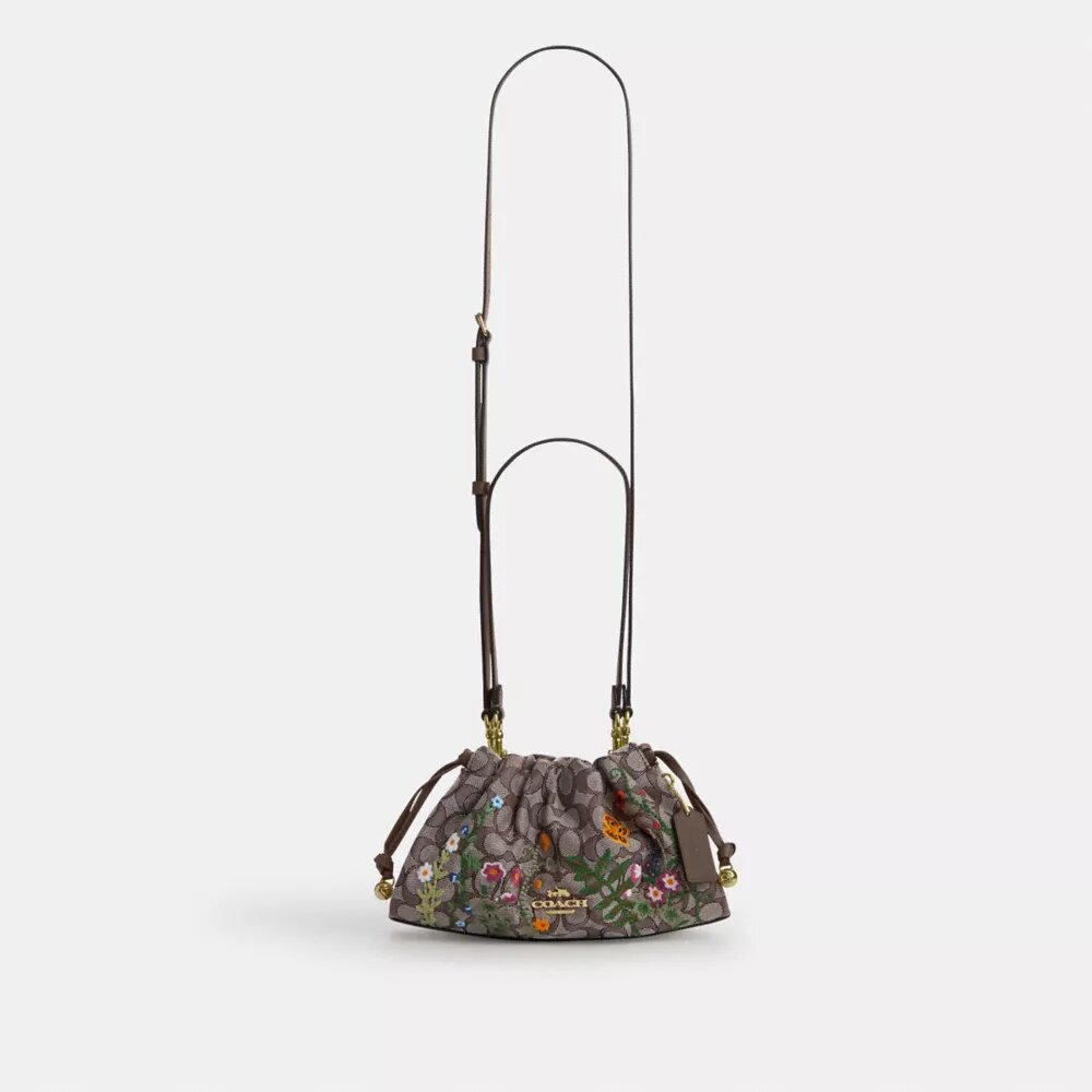 Faye-skulderveske i signatur-jacquard med blomsterbroderi