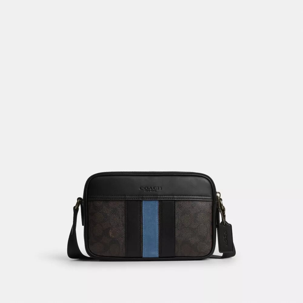 Graham-crossbody-veske i Signature Canvas med «Varsity Stripe»-mønster