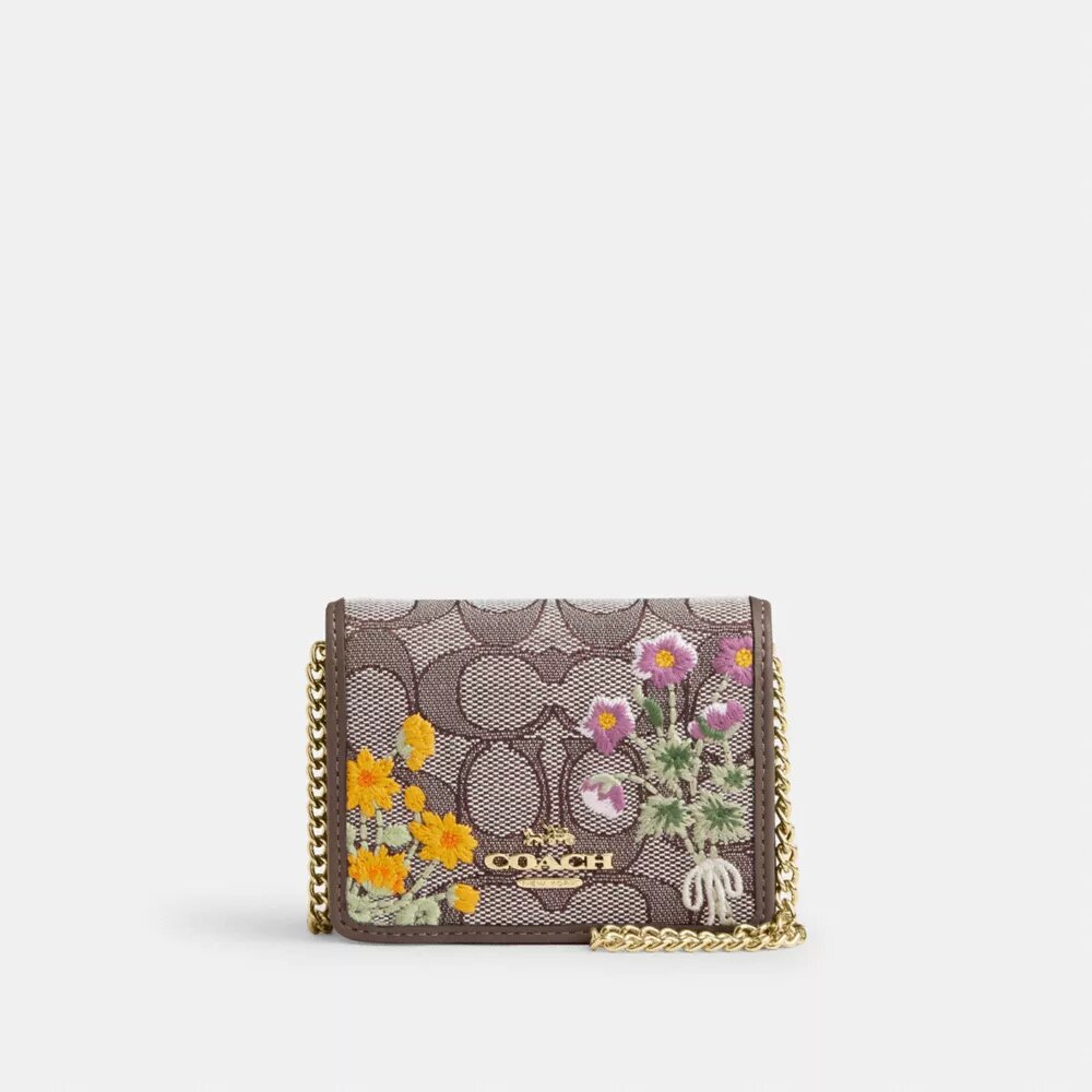 Mini-lommebok på kjede i signatur-jacquard med blomsterbroderi