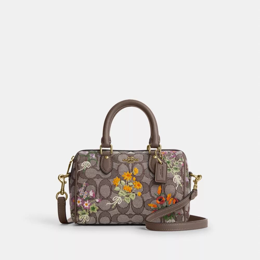 Mini Rowan-crossbody-veske med kryssrem i signaturjacquard med blomsterbroderi