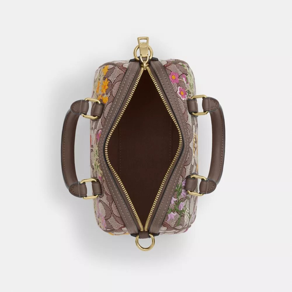 Mini Rowan-crossbody-veske med kryssrem i signaturjacquard med blomsterbroderi