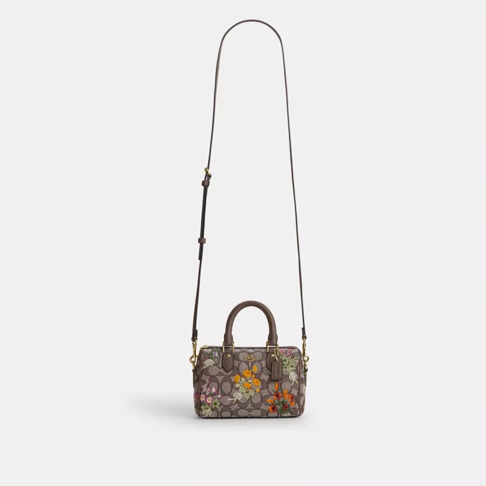 Mini Rowan-crossbody-veske med kryssrem i signaturjacquard med blomsterbroderi
