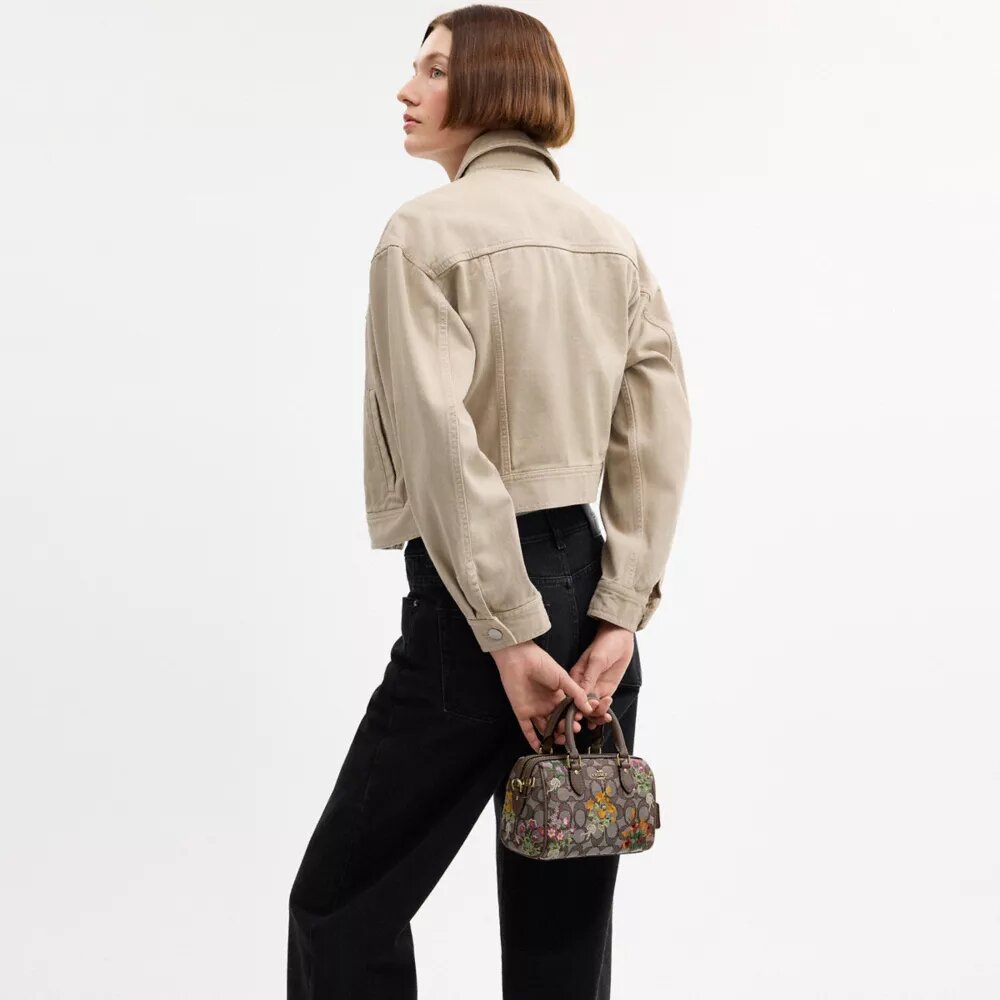 Mini Rowan-crossbody-veske med kryssrem i signaturjacquard med blomsterbroderi