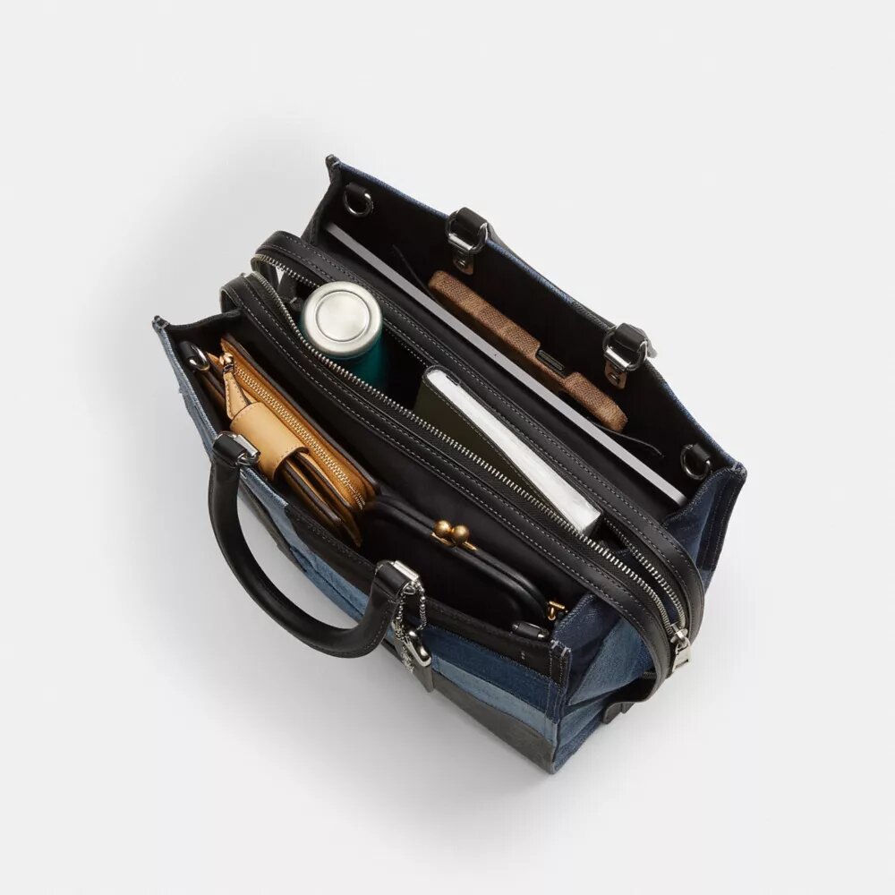 Rogue-vesker med patchwork av gjenbrukt denim