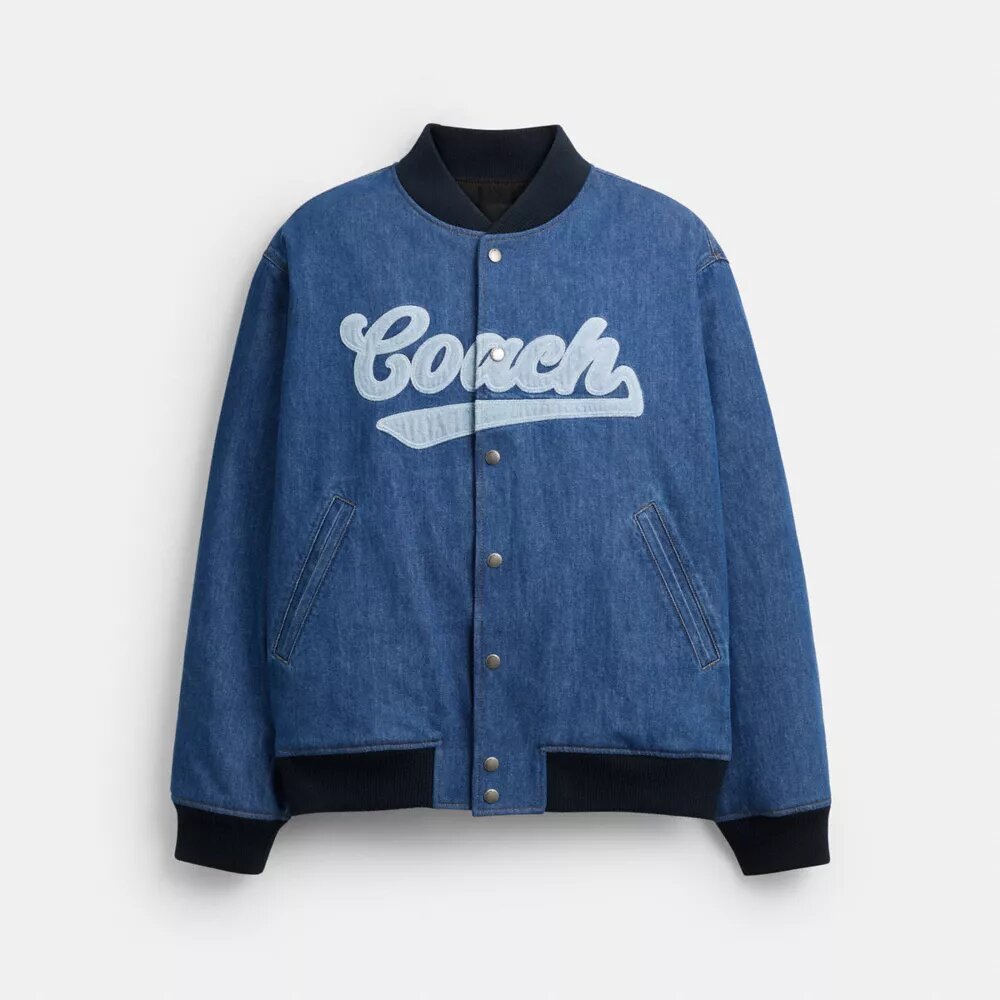 Varsity-jakke i denim av økologisk bomull